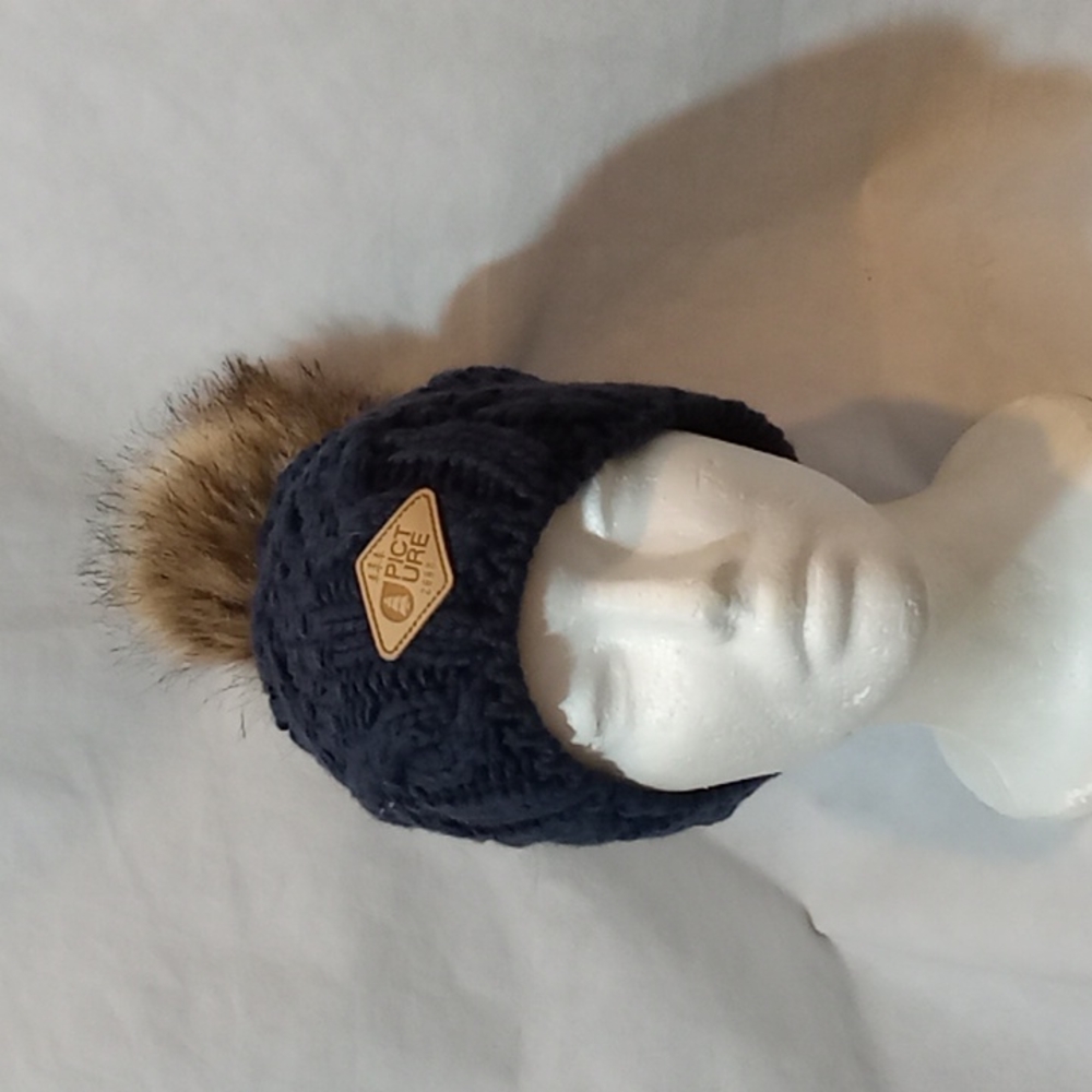 Picture Organic Wool Blend Blue Faux Fur Pompom Beanie Hat